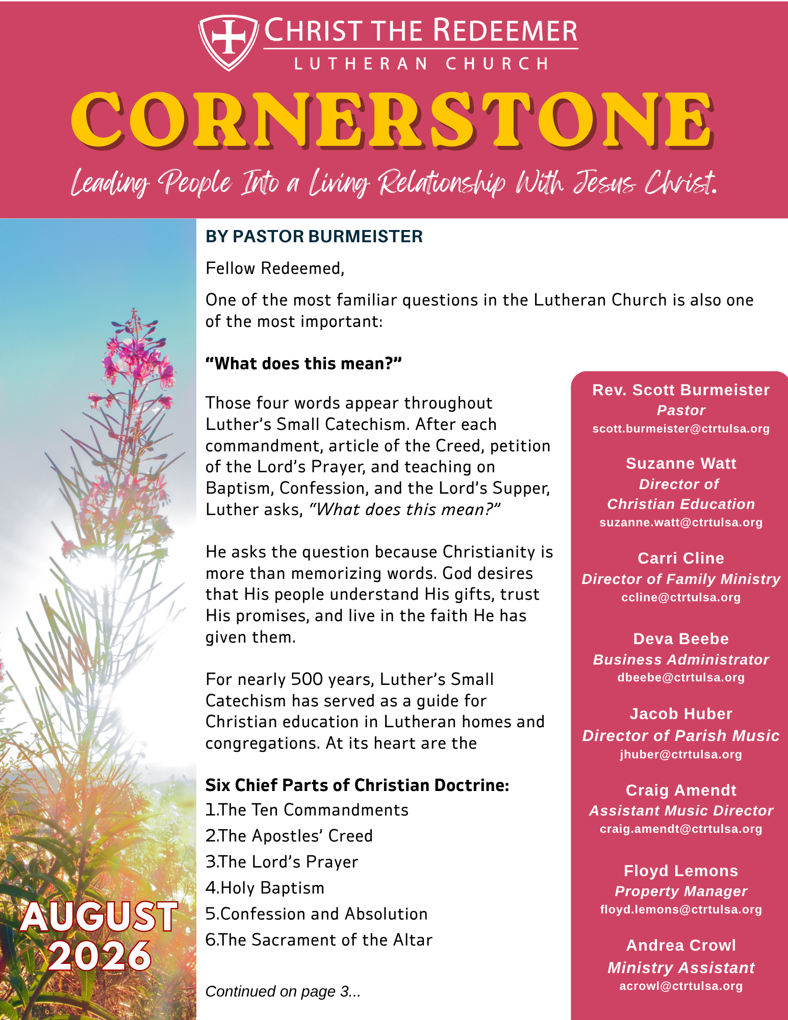 Christ the Redeemer August 2026 newsletter, page 1
