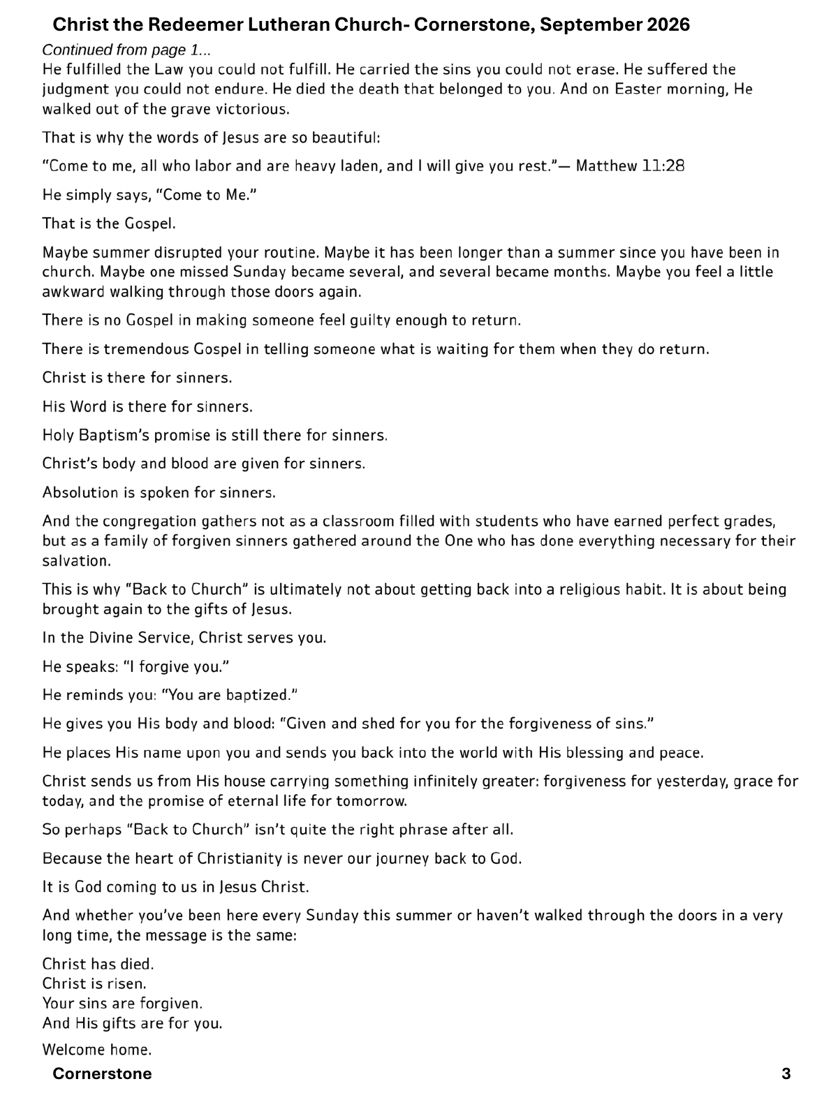 Christ the Redeemer September 2026 newsletter, page 3