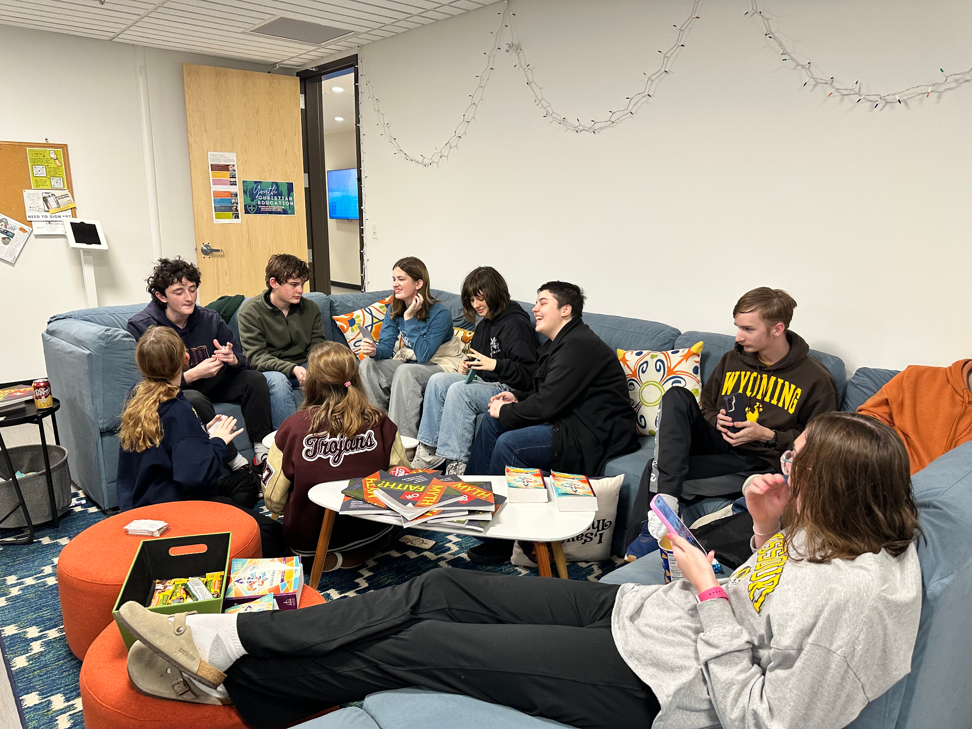 High school students hanging out in the Youth Room